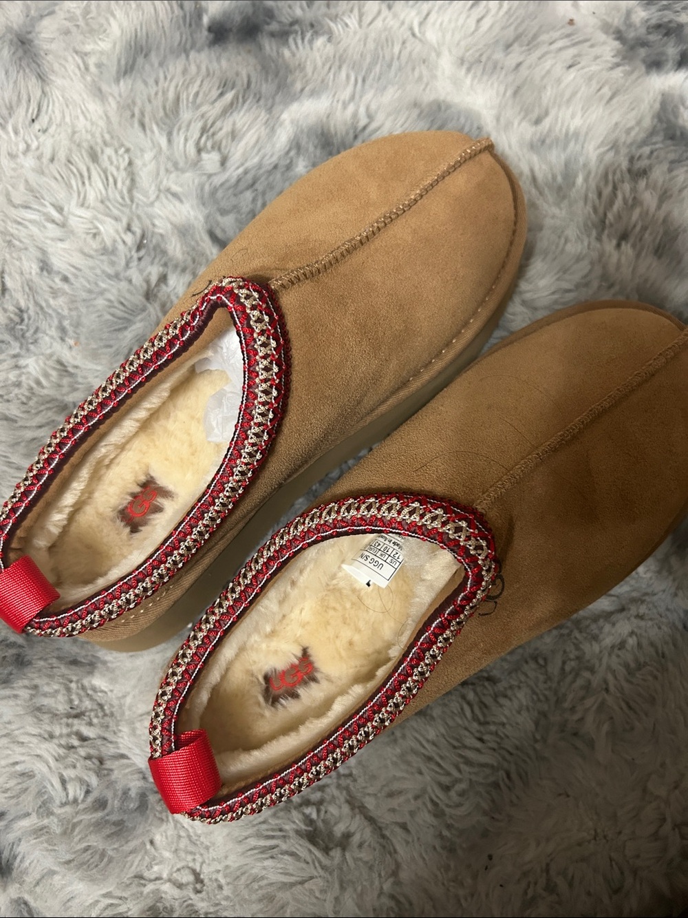 UGG Women's Tan Suede Slip-On Slippers with Red Trim